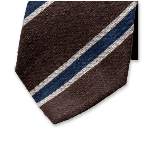 Donkerbruin - Blauw Gestreepte Stropdas - Italiaans Zijde (2)