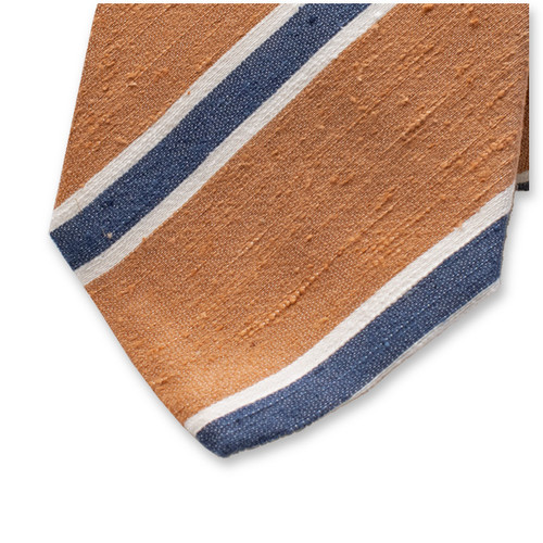 Karamelbruin - Blauw Gestreepte Stropdas - Italiaans Zijde (2)