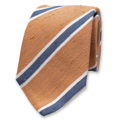 Karamelbruin - Blauw Gestreepte Stropdas - Italiaans Zijde (1)