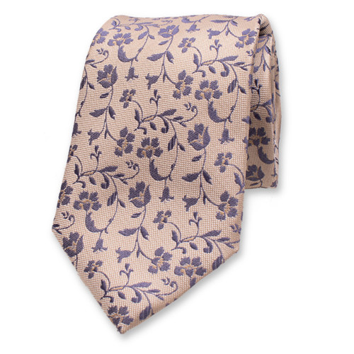 Beige - Donkerblauwe Luxe Stropdas - Bloemen (1)
