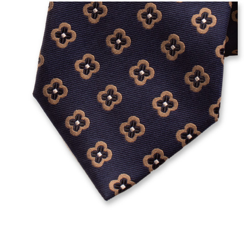 Donkerblauwe Luxe Stropdas Beige Bloemen (1)