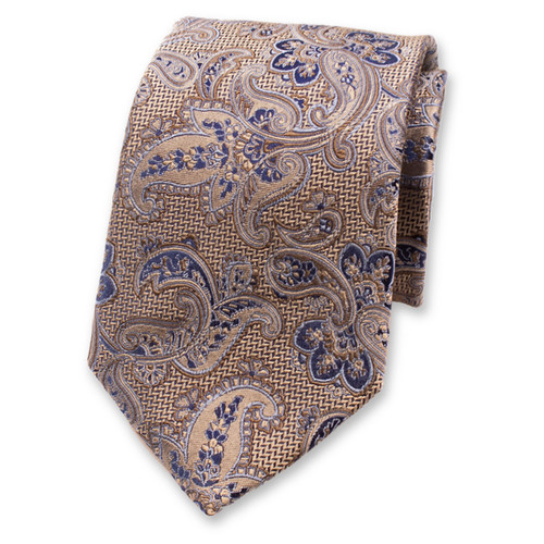 Beige - Donkerblauwe Luxe Stropdas - Paisley (1)