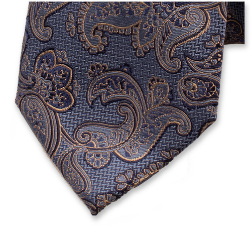 Donkerblauwe Luxe Stropdas Beige Paisley (2)