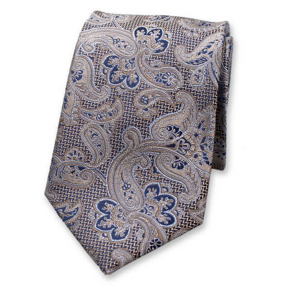 Beige - Donkerblauwe Luxe Stropdas - Paisley (1)